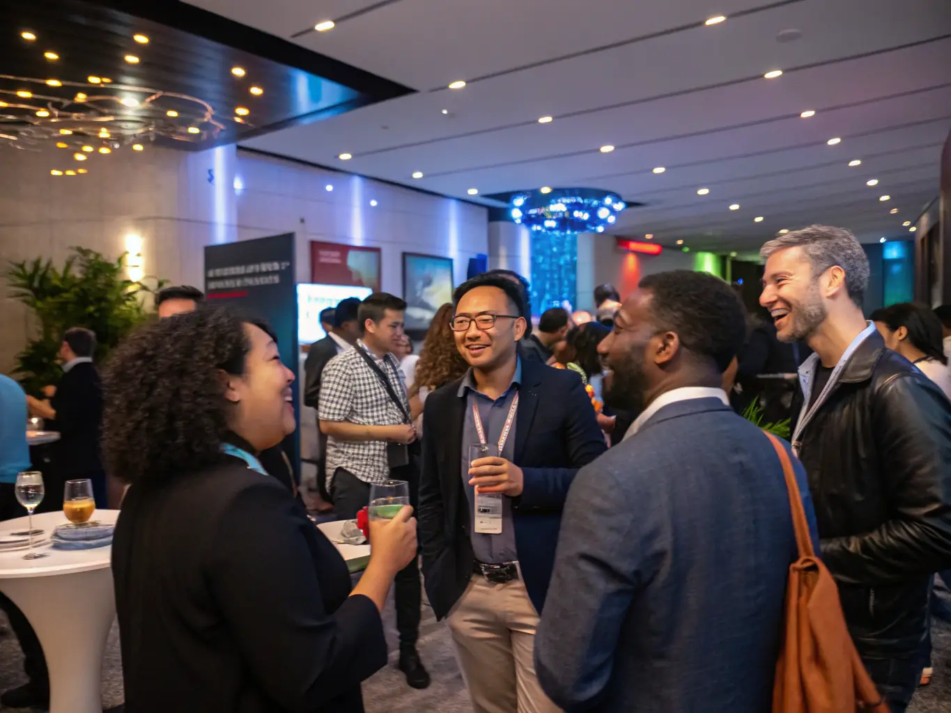 Marketing professionals networking and discussing AI applications at an event.