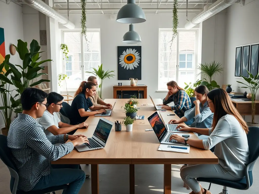 Freelancers working together in a modern office space.