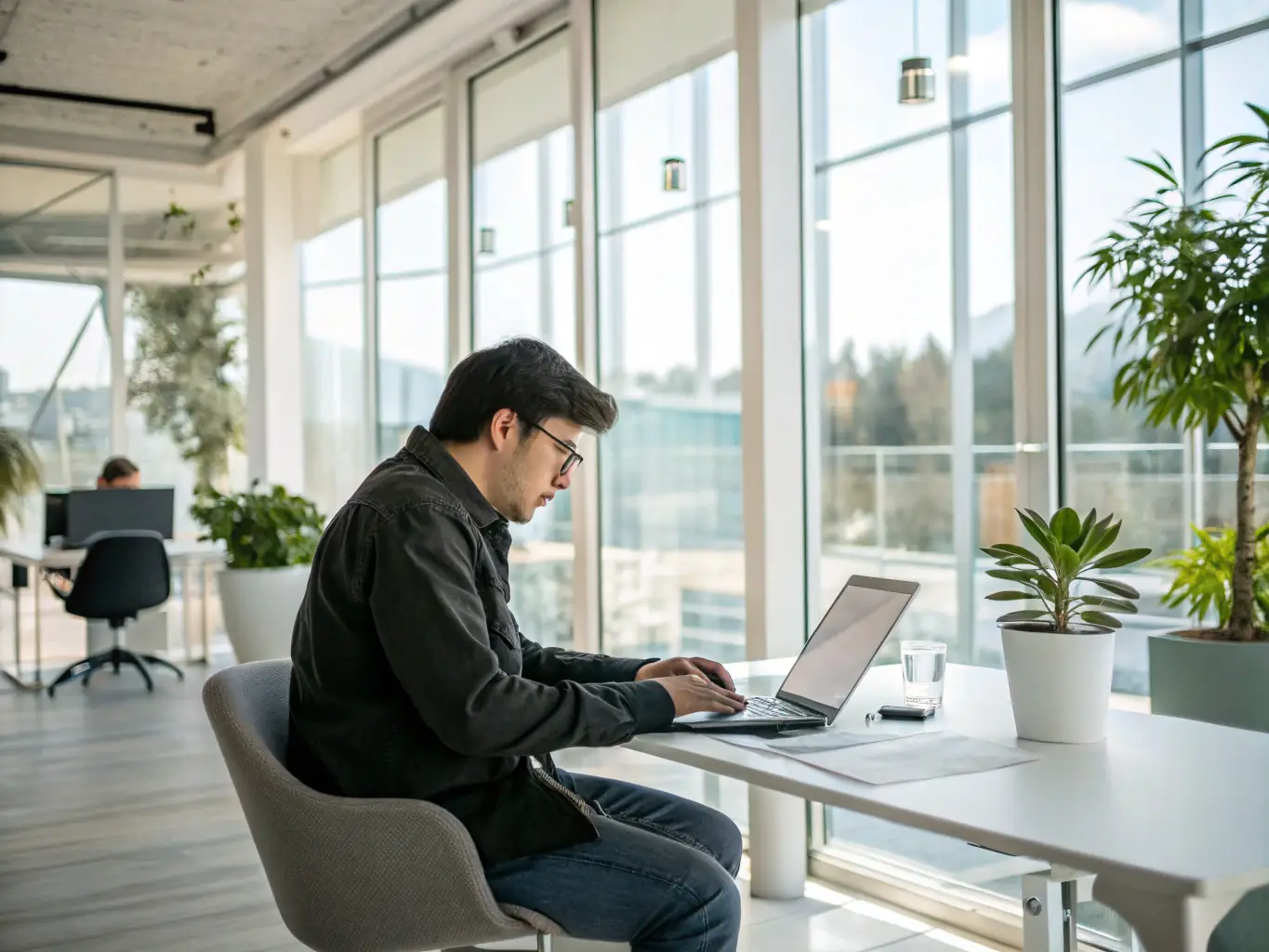 Freelancer using advanced AI software on a laptop in a modern office.