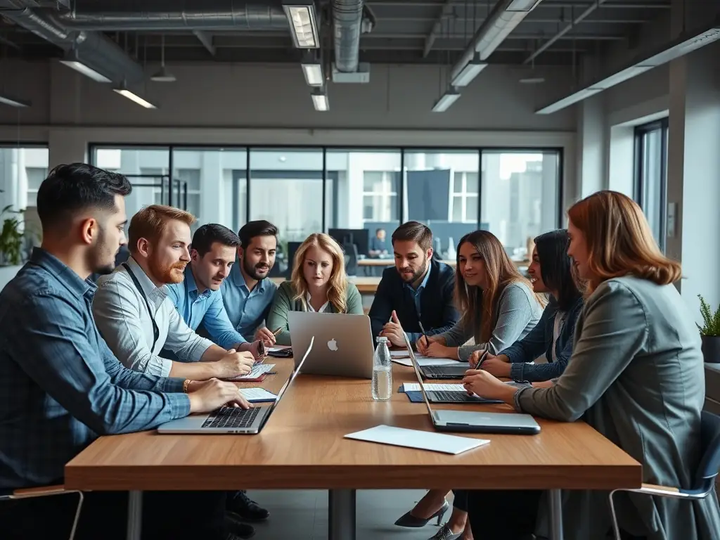 Diverse marketing professionals engaged in discussion in a modern office.