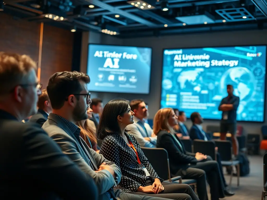 Professionals attending a seminar on AI marketing strategies.