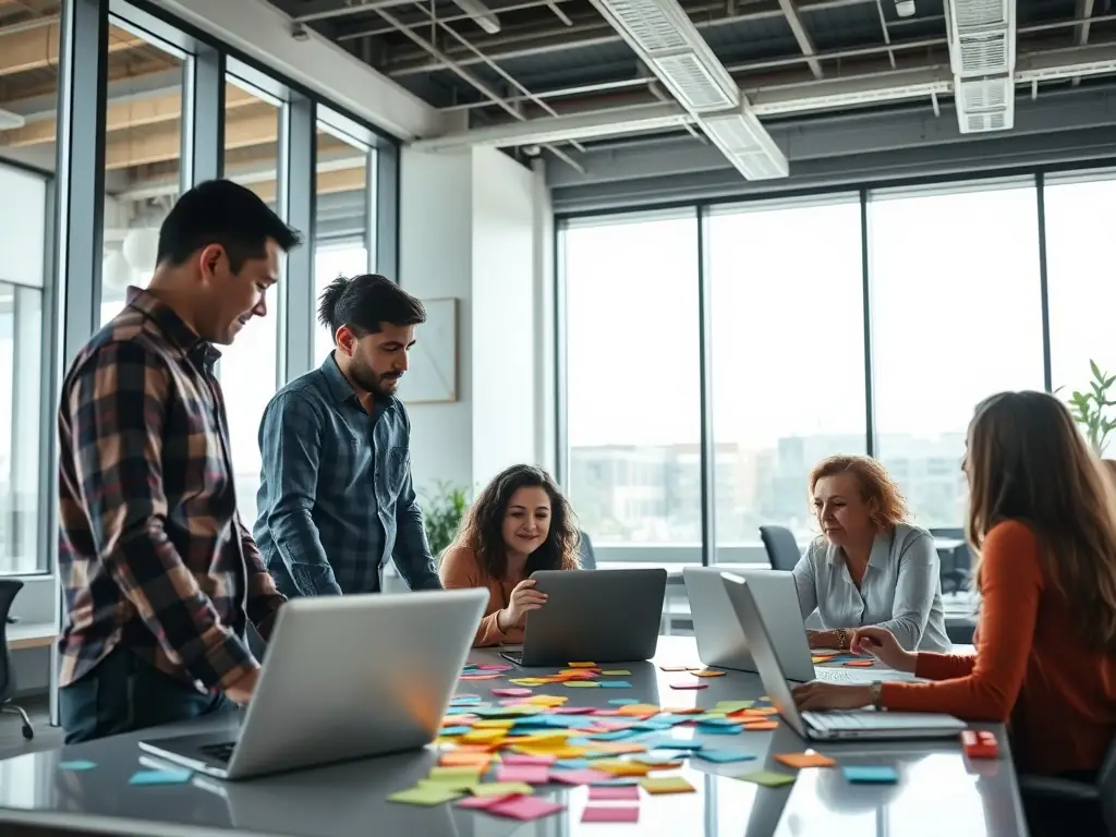 Diverse professionals collaborating in a modern office space.