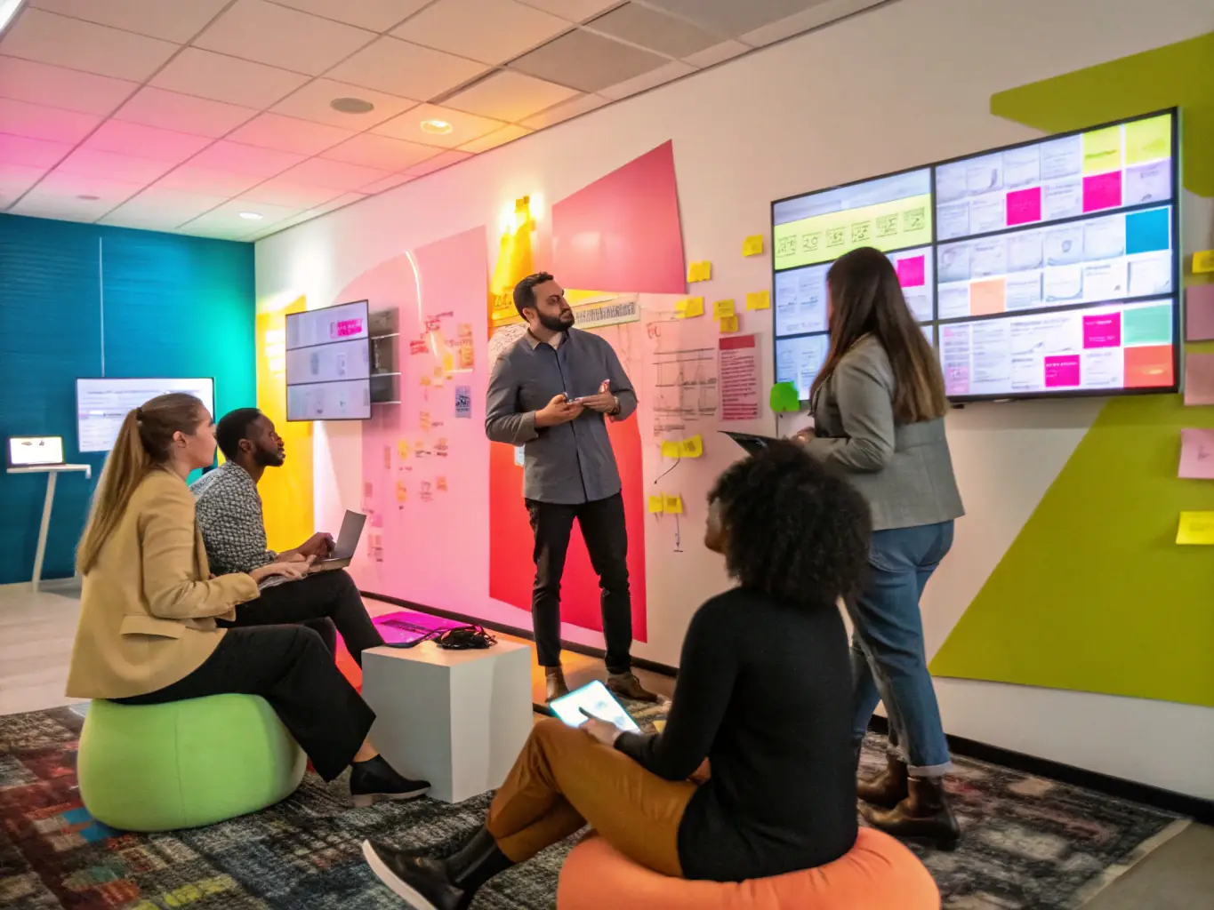 Marketing professionals brainstorming with AI analytics on screens.